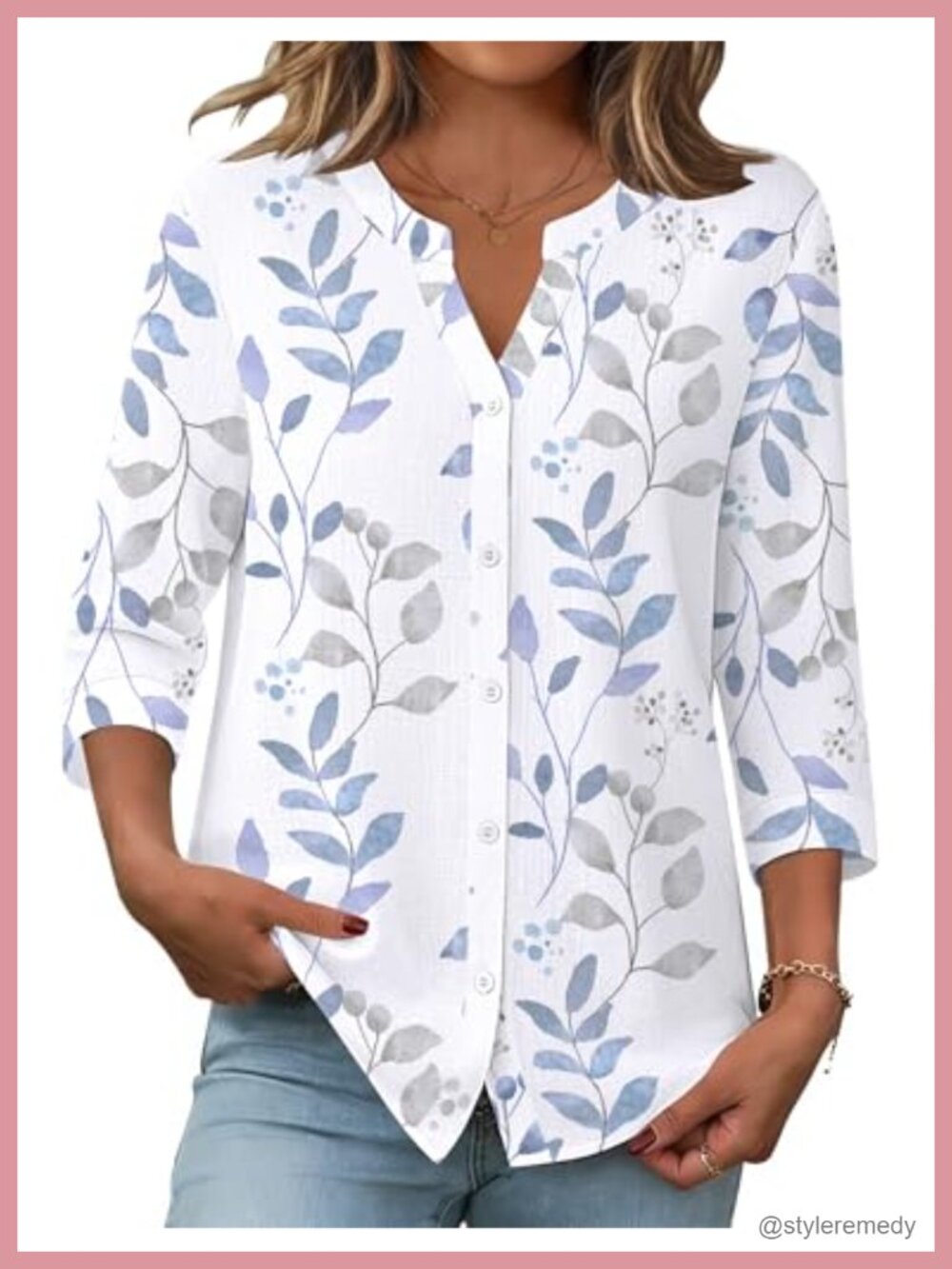 Women's Linen Cotton Button Down Blouse 3/4 Sleeve V-Neck Work Top